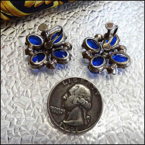 1940s Blue Sapphire Glass Sterling Silver Vintage Earrings - Picture 7 of 8